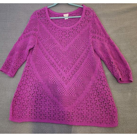 Chicos Sweater Womens 2 Large Purple‎ 3/4 Sleeve Open Knit Tunic Crochet Cotton - Picture 1 of 7